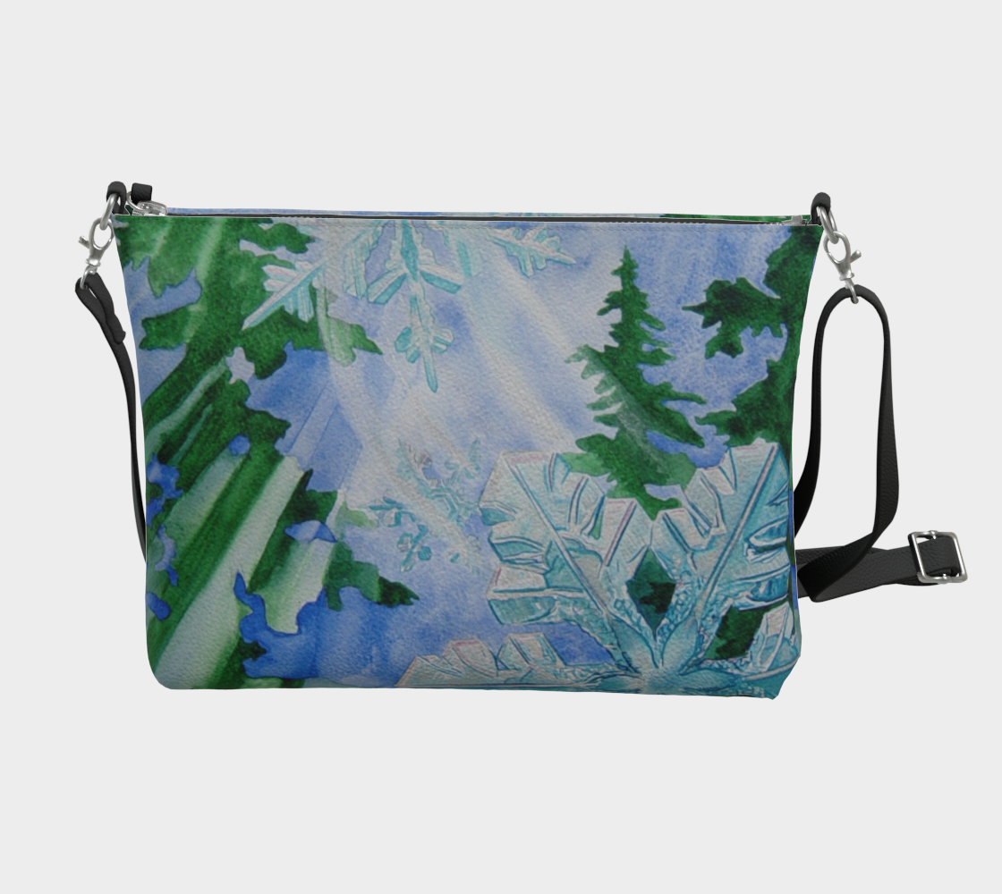 Snowflake Forest Watercolor Art Print Zipper Purse with Long Strap - Artsy Accessory bag