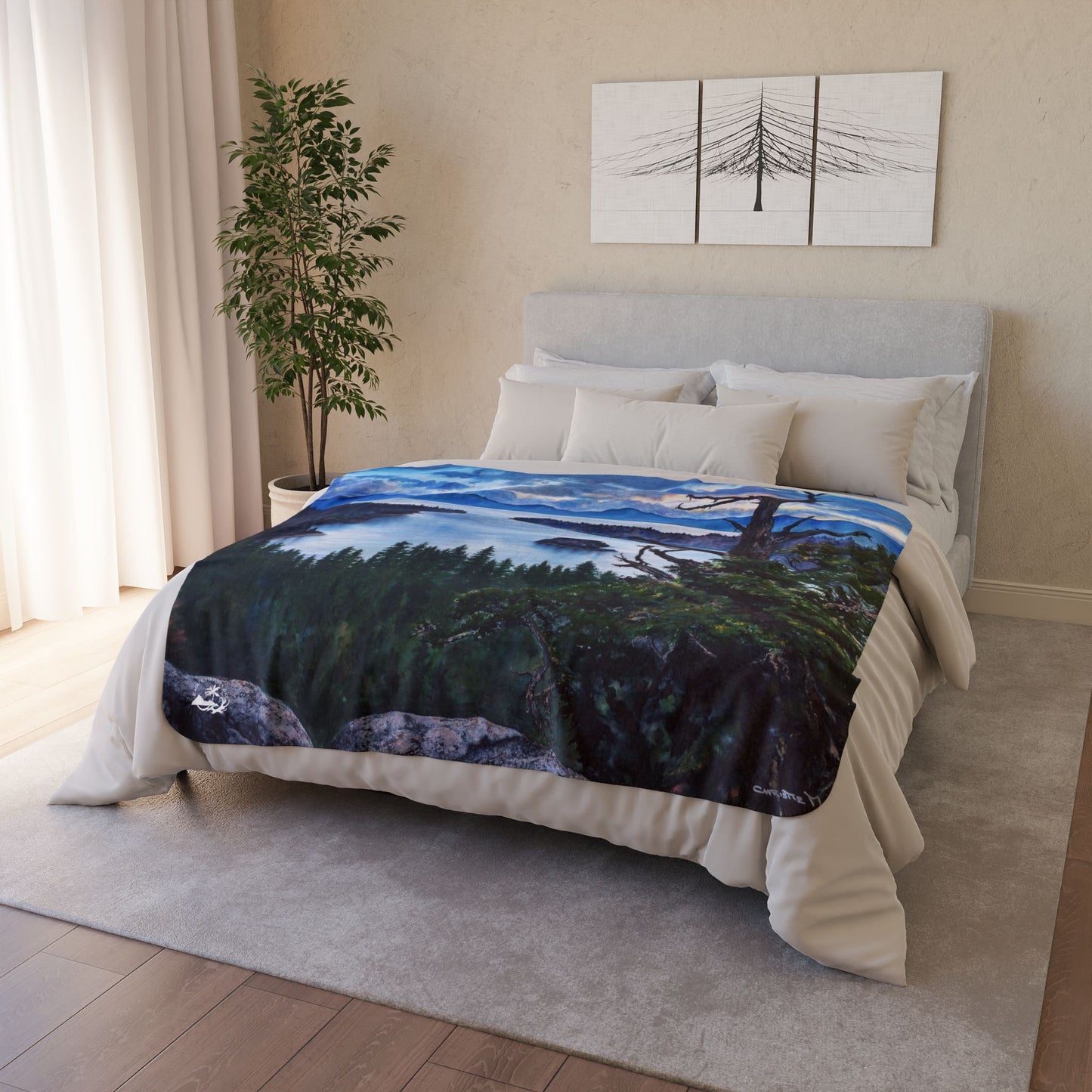 Sherpa Blanket — Mountain Lake Tahoe, Emerald Bay Watercolor Landscape Fleece Throw