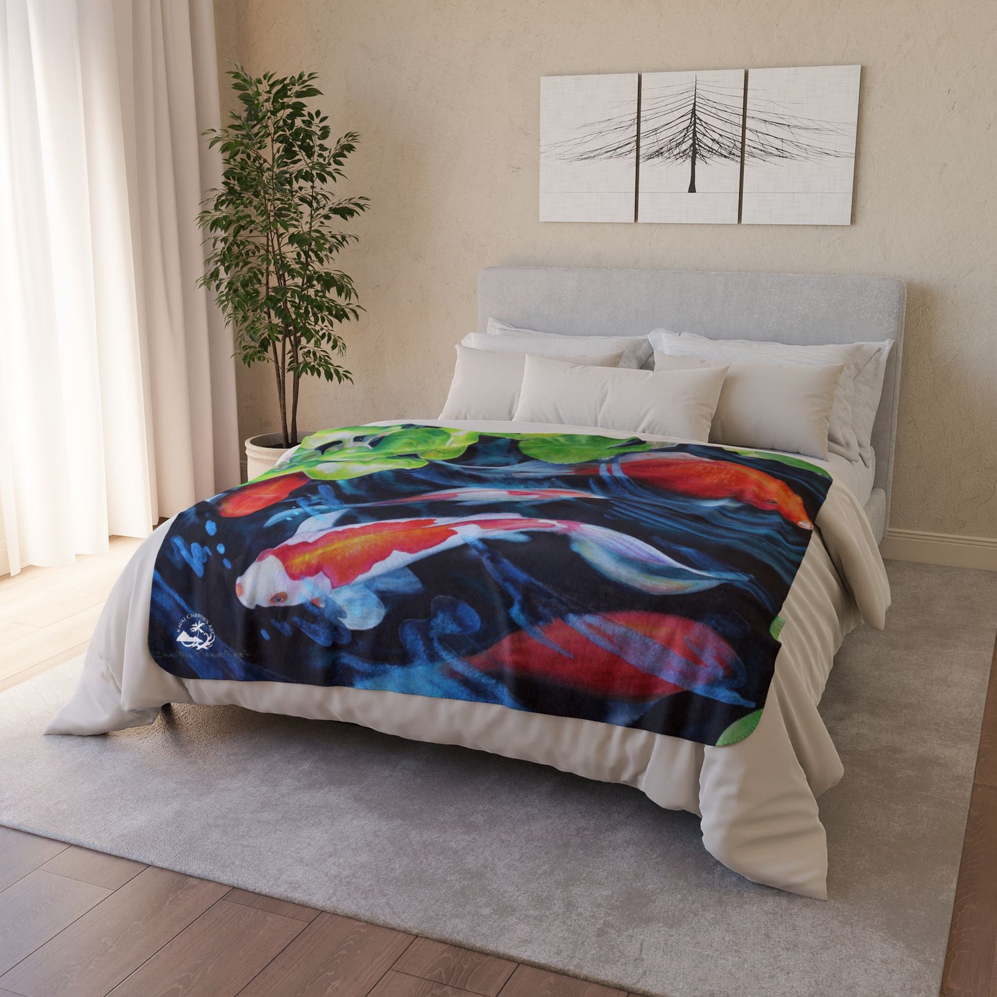 Koi Pond Fleece Sherpa Blanket — Cozy Japanese Fish Watercolor Throw