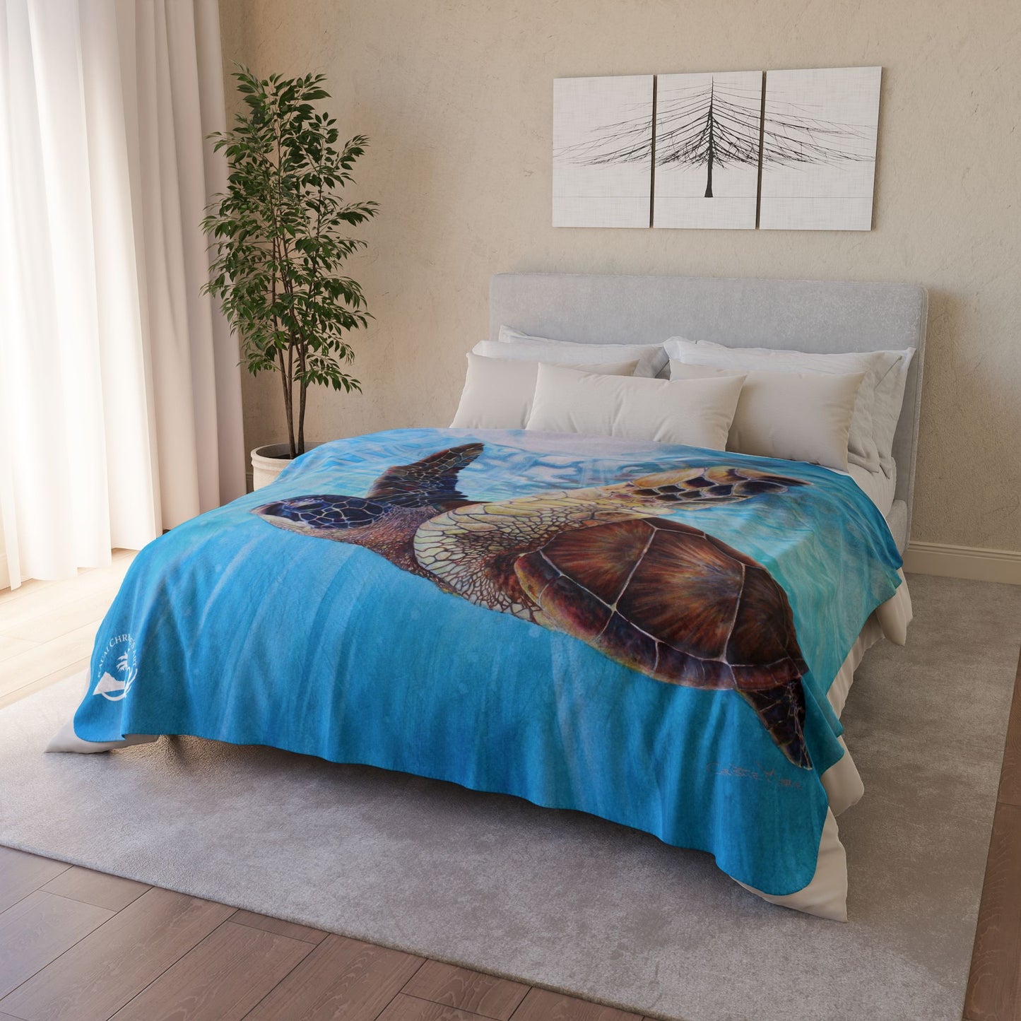 Sea Turtle Watercolor Art print Fleece Sherpa Blanket –"Aloha Spirit" Ocean Blue Coastal Throw