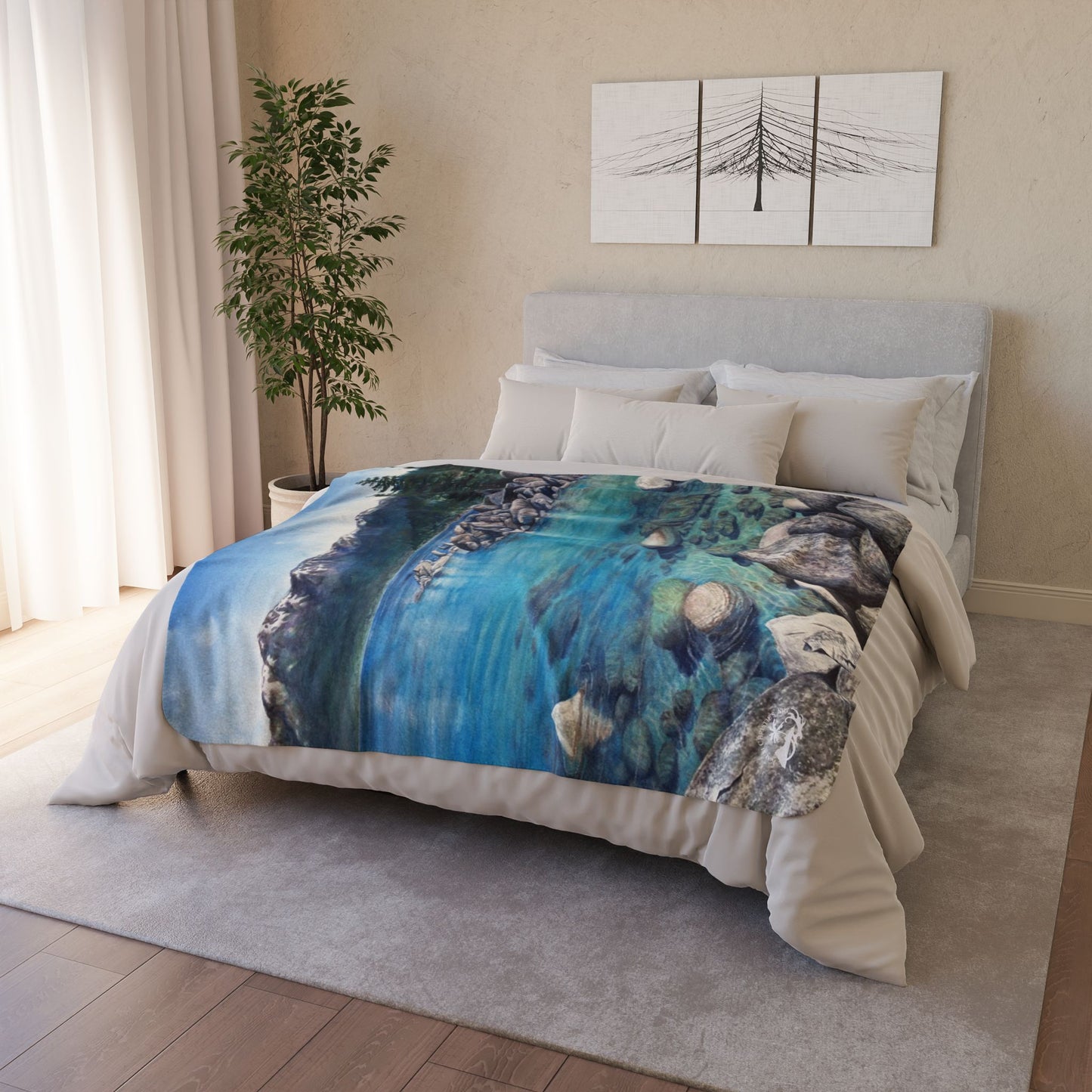 Scenic Mountain Lake Tahoe, Sand Harbor Watercolor Art Fleece Sherpa Blanket — Tranquil Nature Throw