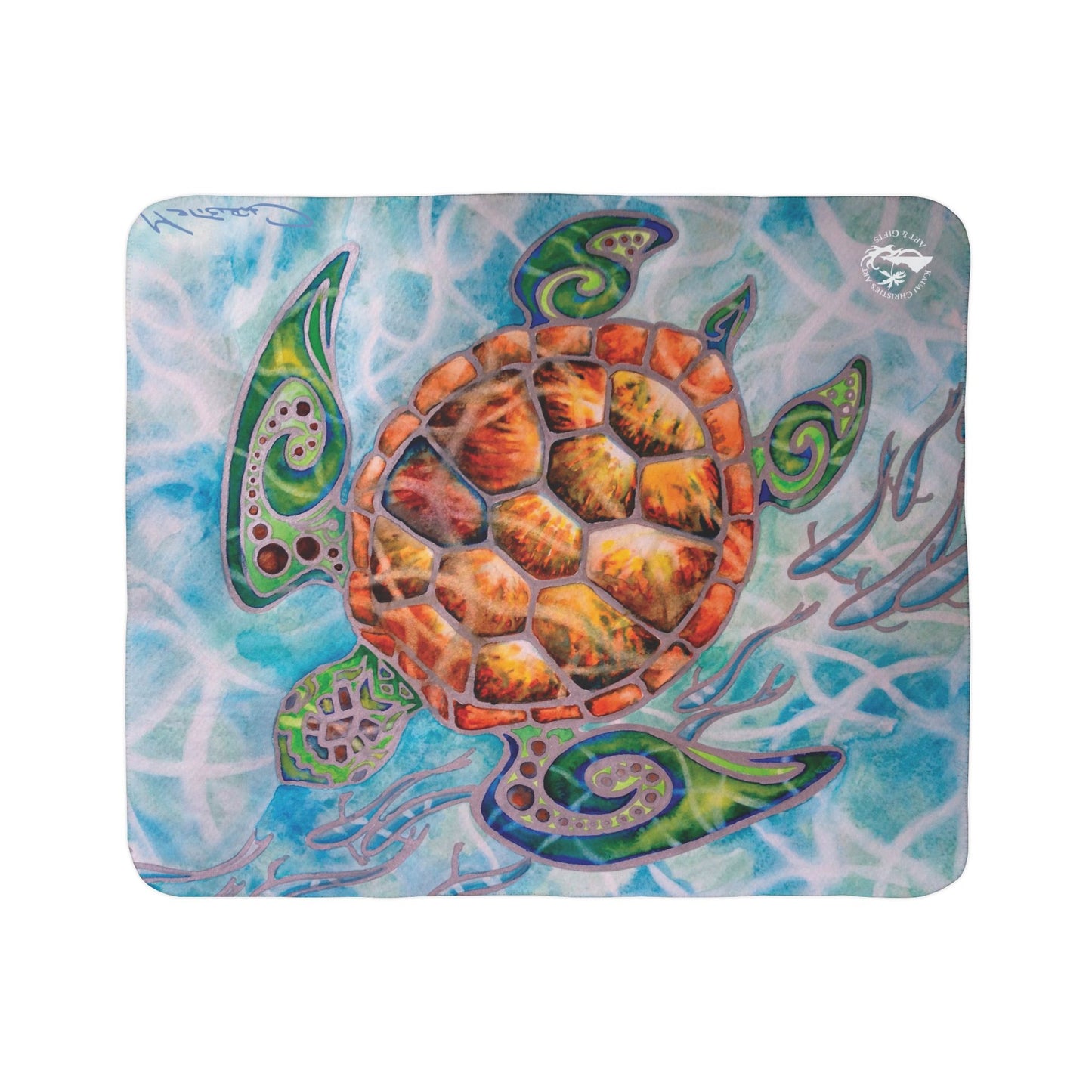 Tribal Sea Turtle Fleece Sherpa Blanket — Cozy Tropical Ocean-Inspired Throw for Beach Lovers