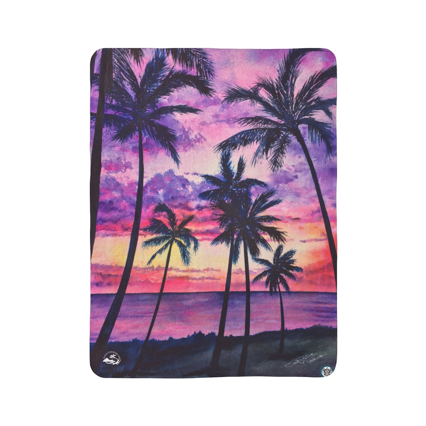 Pink Palms Tropical Sunset Fleece Sherpa Blanket — Palm Trees Purple Pink Beach Throw
