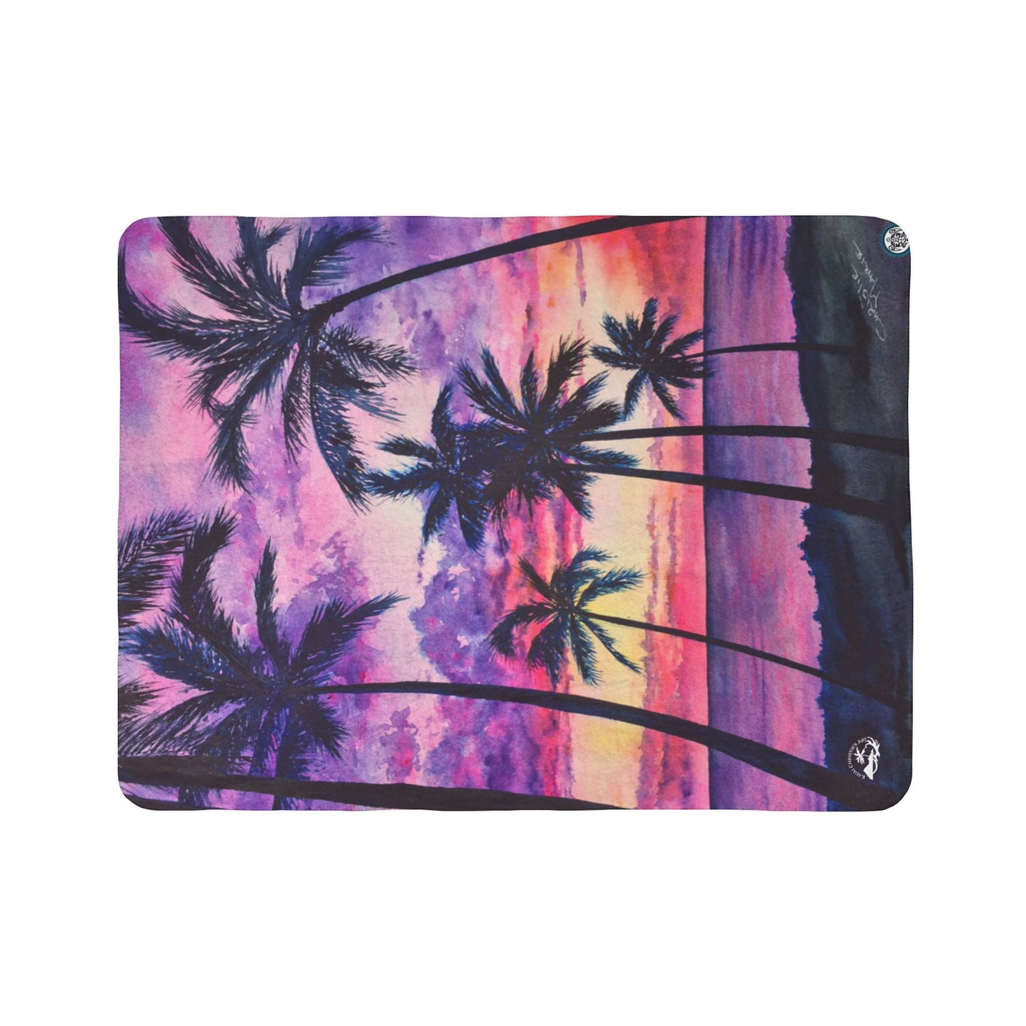 Pink Palms Tropical Sunset Fleece Sherpa Blanket — Palm Trees Purple Pink Beach Throw