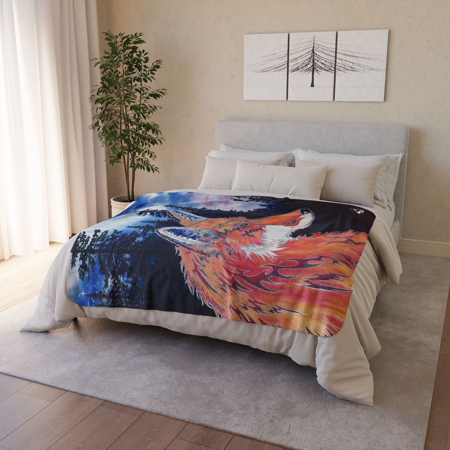 Fox Night Sky Fleece Sherpa Blanket — Cozy Woodland Fox Throw for Nature Lovers