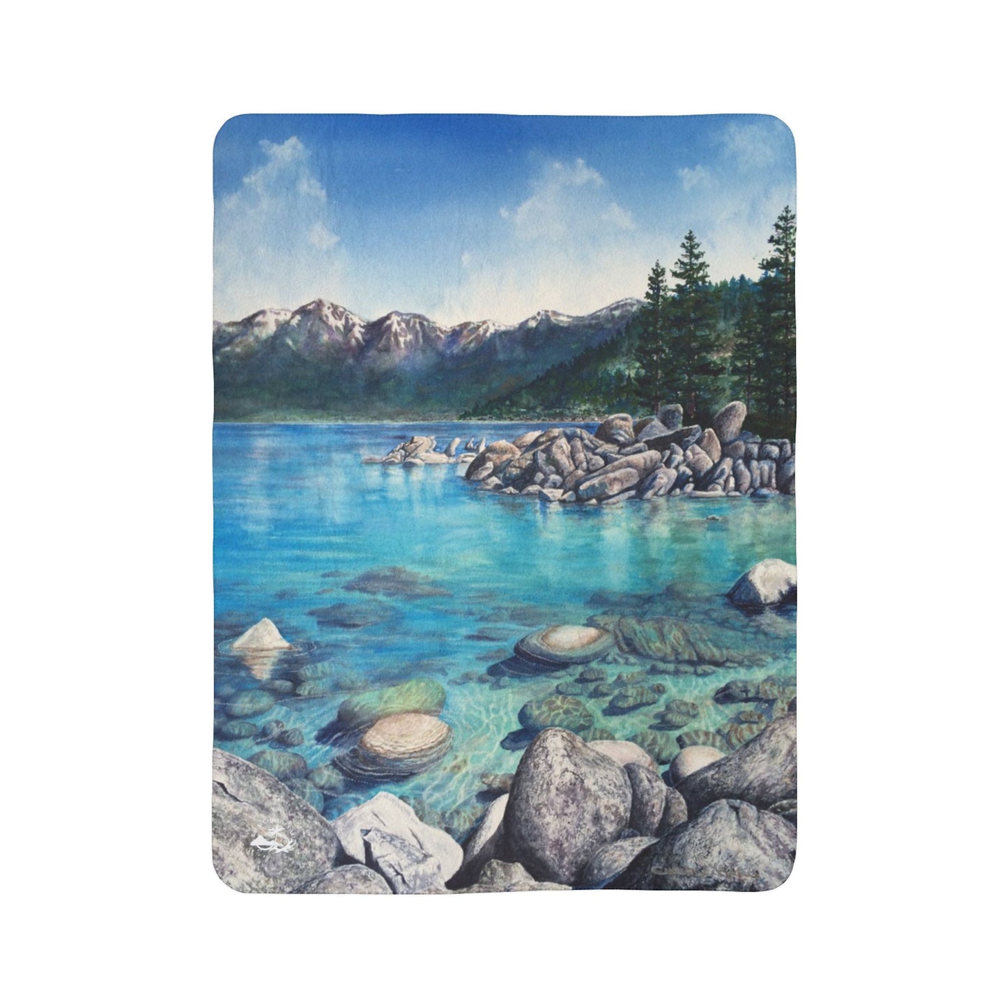 Scenic Mountain Lake Tahoe, Sand Harbor Watercolor Art Fleece Sherpa Blanket — Tranquil Nature Throw