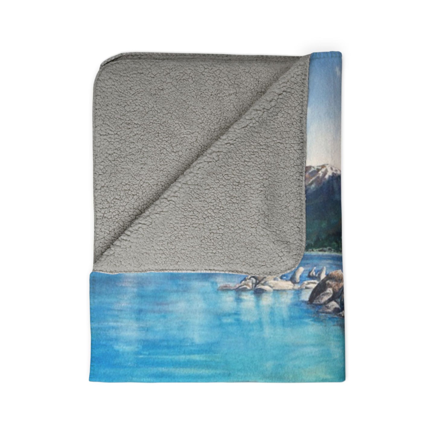 Scenic Mountain Lake Tahoe, Sand Harbor Watercolor Art Fleece Sherpa Blanket — Tranquil Nature Throw