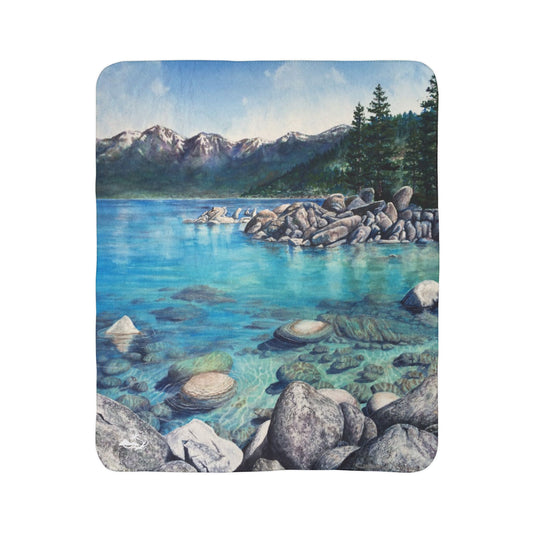 Scenic Mountain Lake Tahoe, Sand Harbor Watercolor Art Fleece Sherpa Blanket — Tranquil Nature Throw