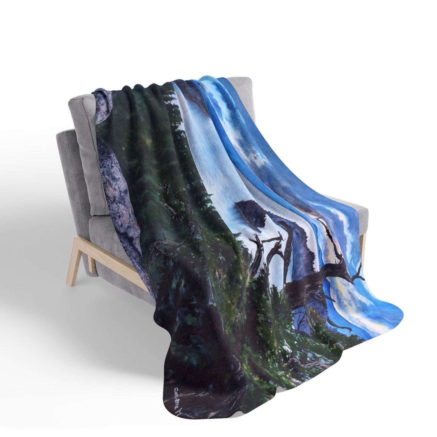 Sherpa Blanket — Mountain Lake Tahoe, Emerald Bay Watercolor Landscape Fleece Throw