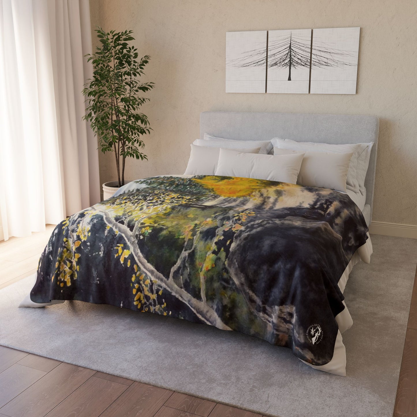 Sherpa Blanket —Watercolor art print -Fall Leaves hiking trail- Autumn Aspen Forest Fleece Throw