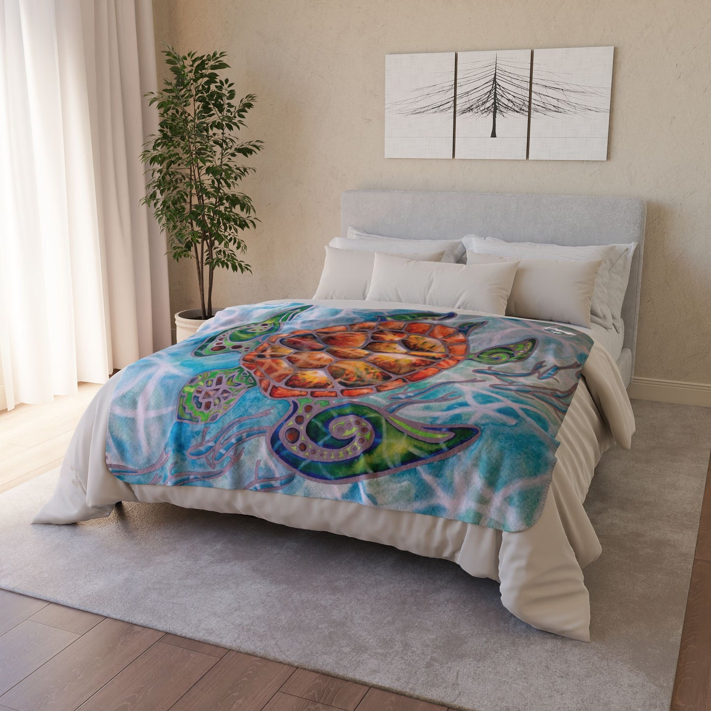 Tribal Sea Turtle Fleece Sherpa Blanket — Cozy Tropical Ocean-Inspired Throw for Beach Lovers