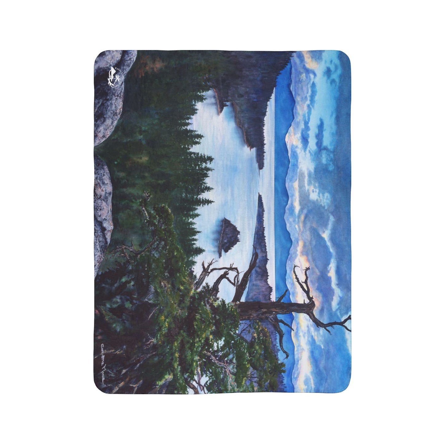 Sherpa Blanket — Mountain Lake Tahoe, Emerald Bay Watercolor Landscape Fleece Throw
