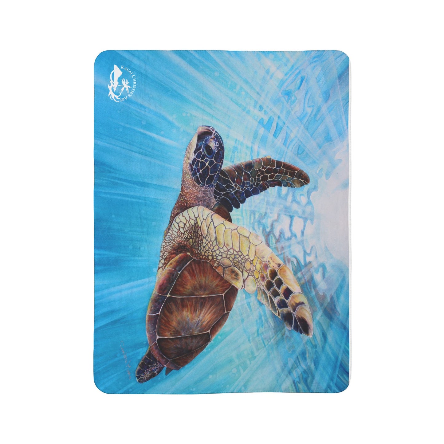 Sea Turtle Watercolor Art print Fleece Sherpa Blanket –"Aloha Spirit" Ocean Blue Coastal Throw
