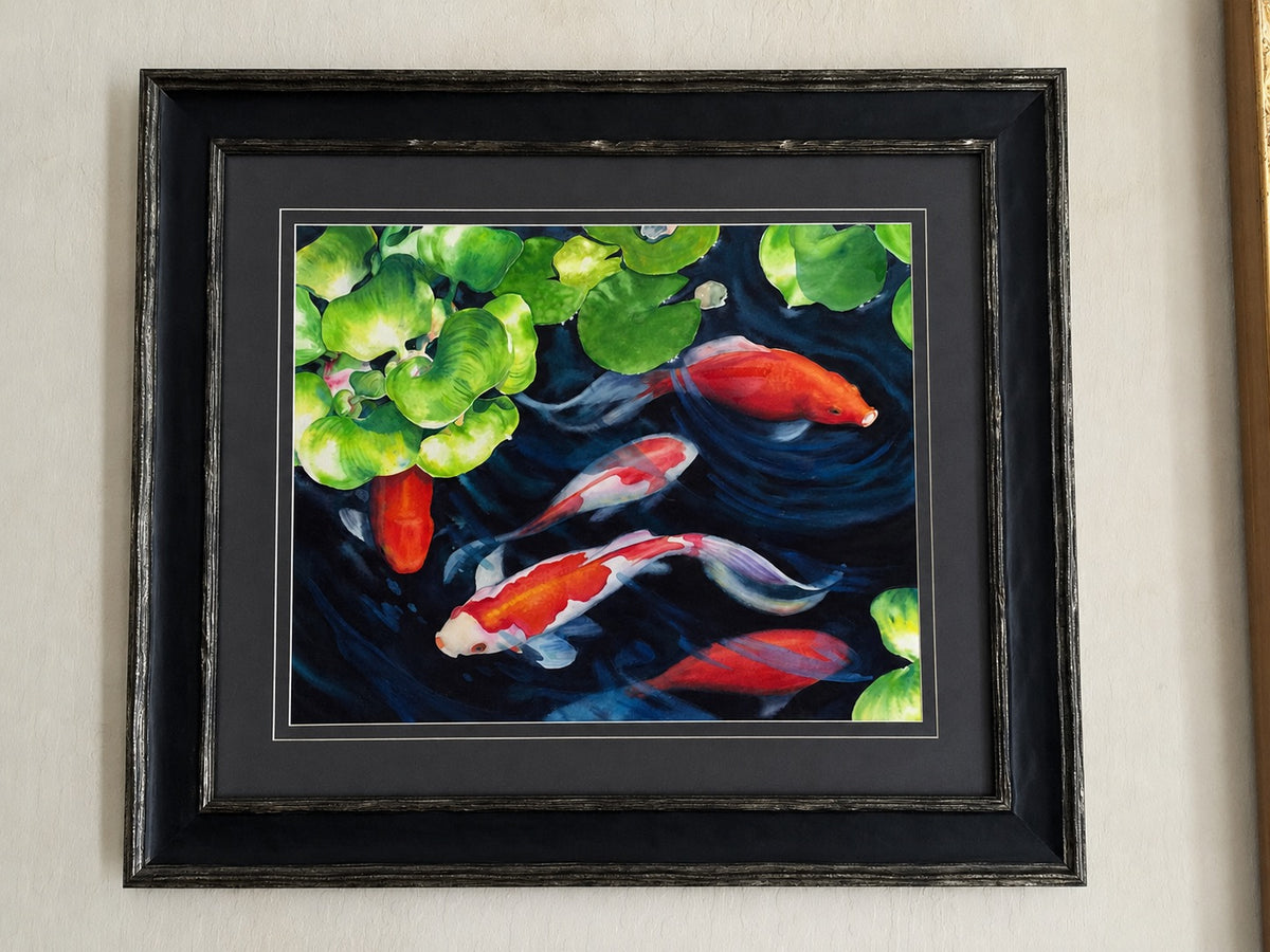 framed Coy Koi original watercolor by Christie Marie Elder in a charcoal-tone frame with deep matting and fine line accents.