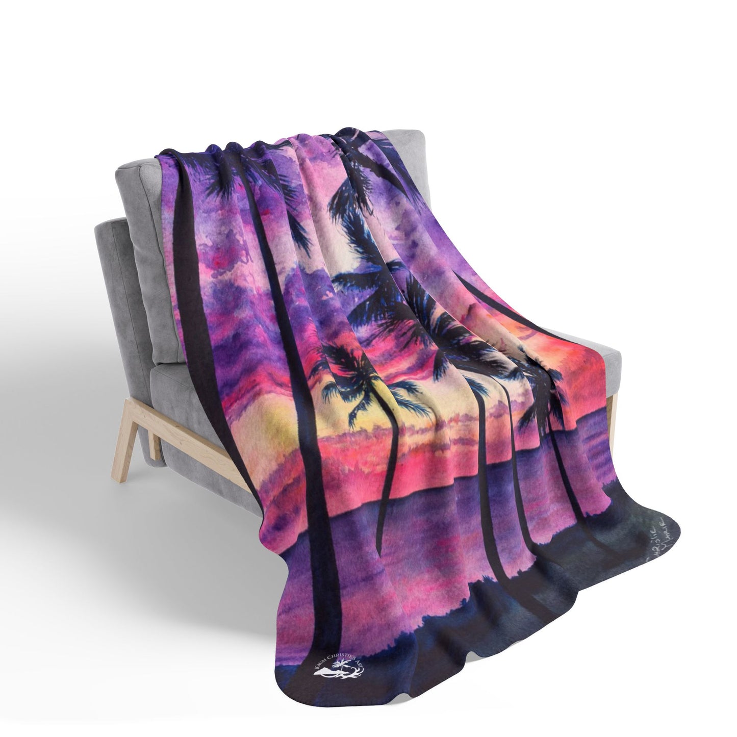 Pink Palms Tropical Sunset Fleece Sherpa Blanket — Palm Trees Purple Pink Beach Throw