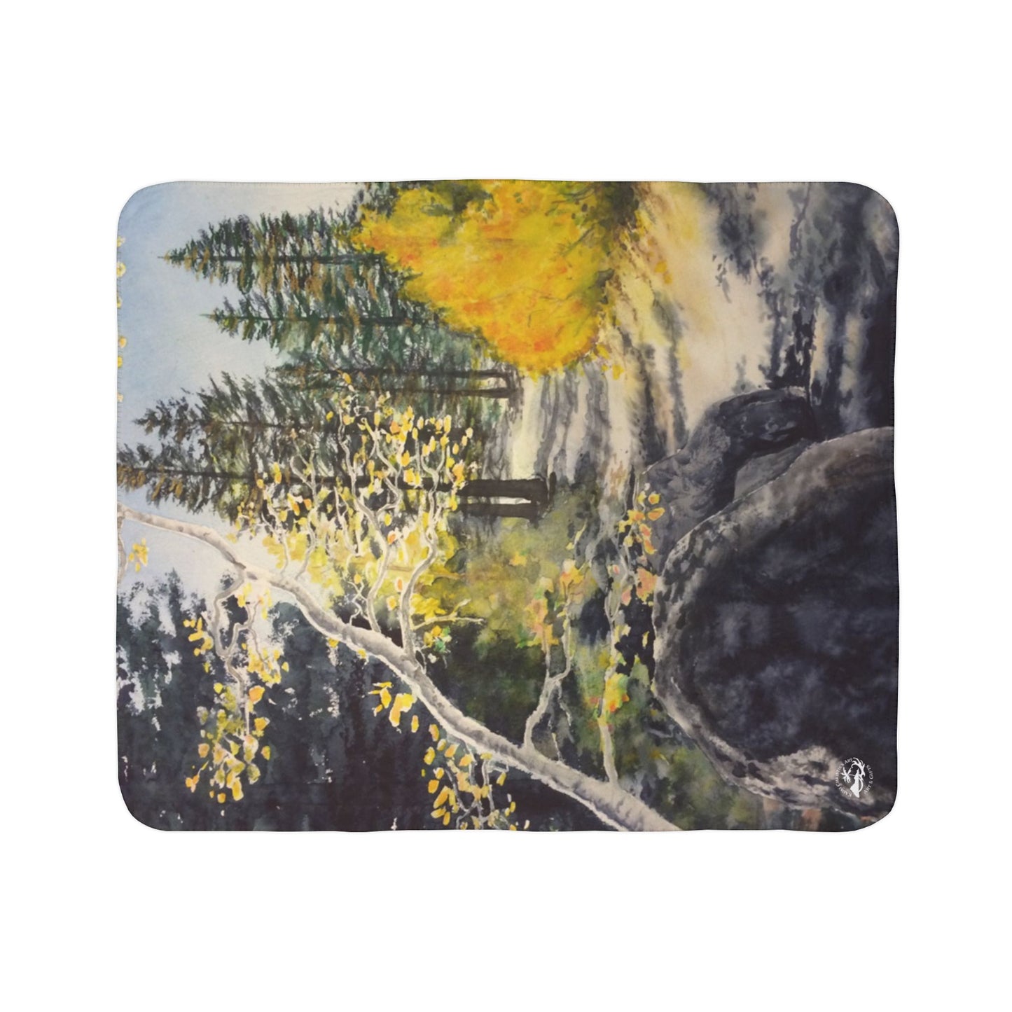 Sherpa Blanket —Watercolor art print -Fall Leaves hiking trail- Autumn Aspen Forest Fleece Throw