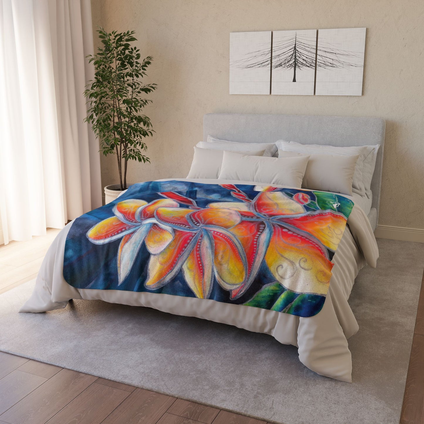Tropical Plumeria Sherpa Blanket — Vibrant Floral Fleece Throw