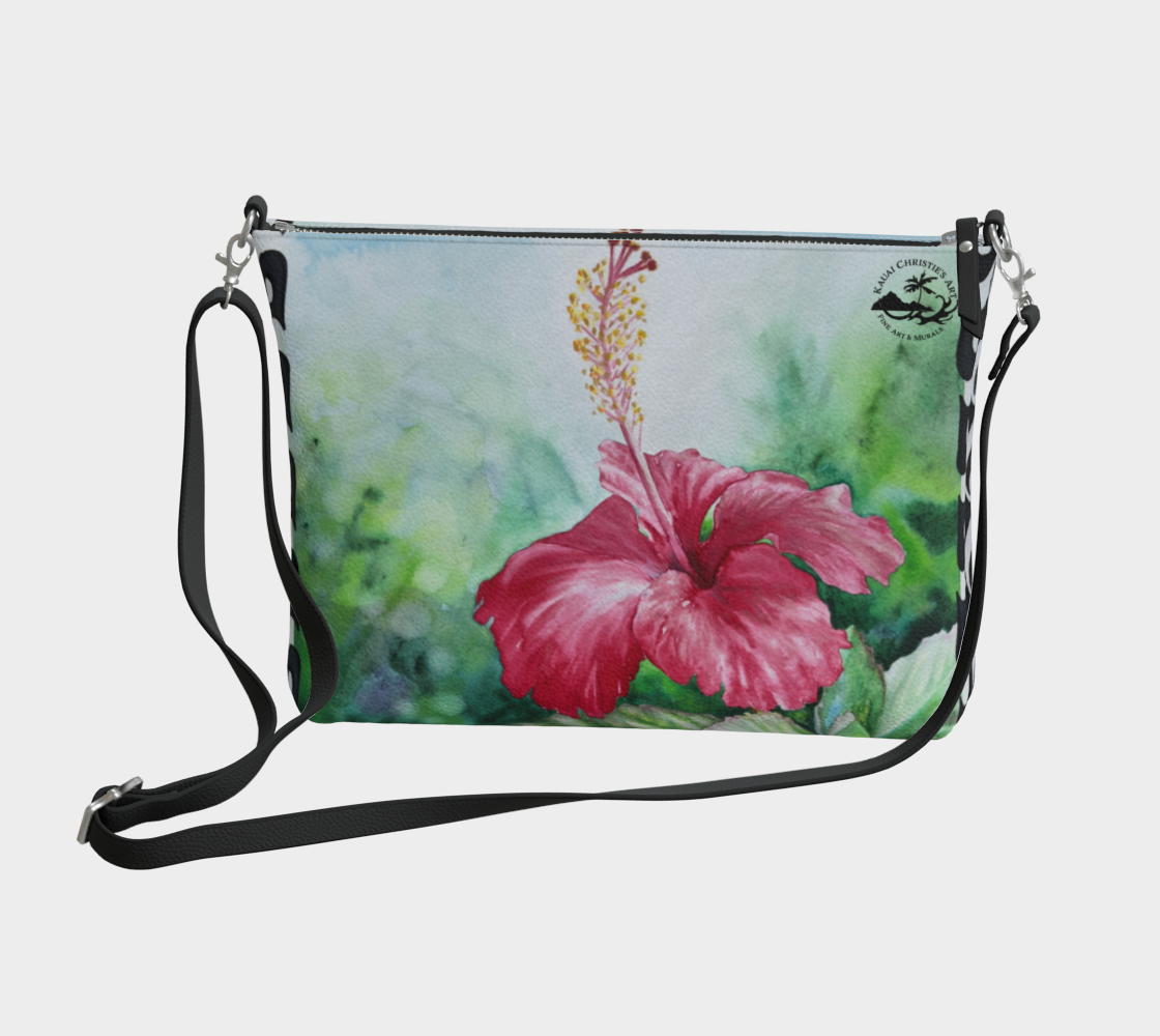 Hibiscus Flower, Hawaiian Flower Watercolor Art Print Zipper Purse with Long Strap - Artsy Accessory bag