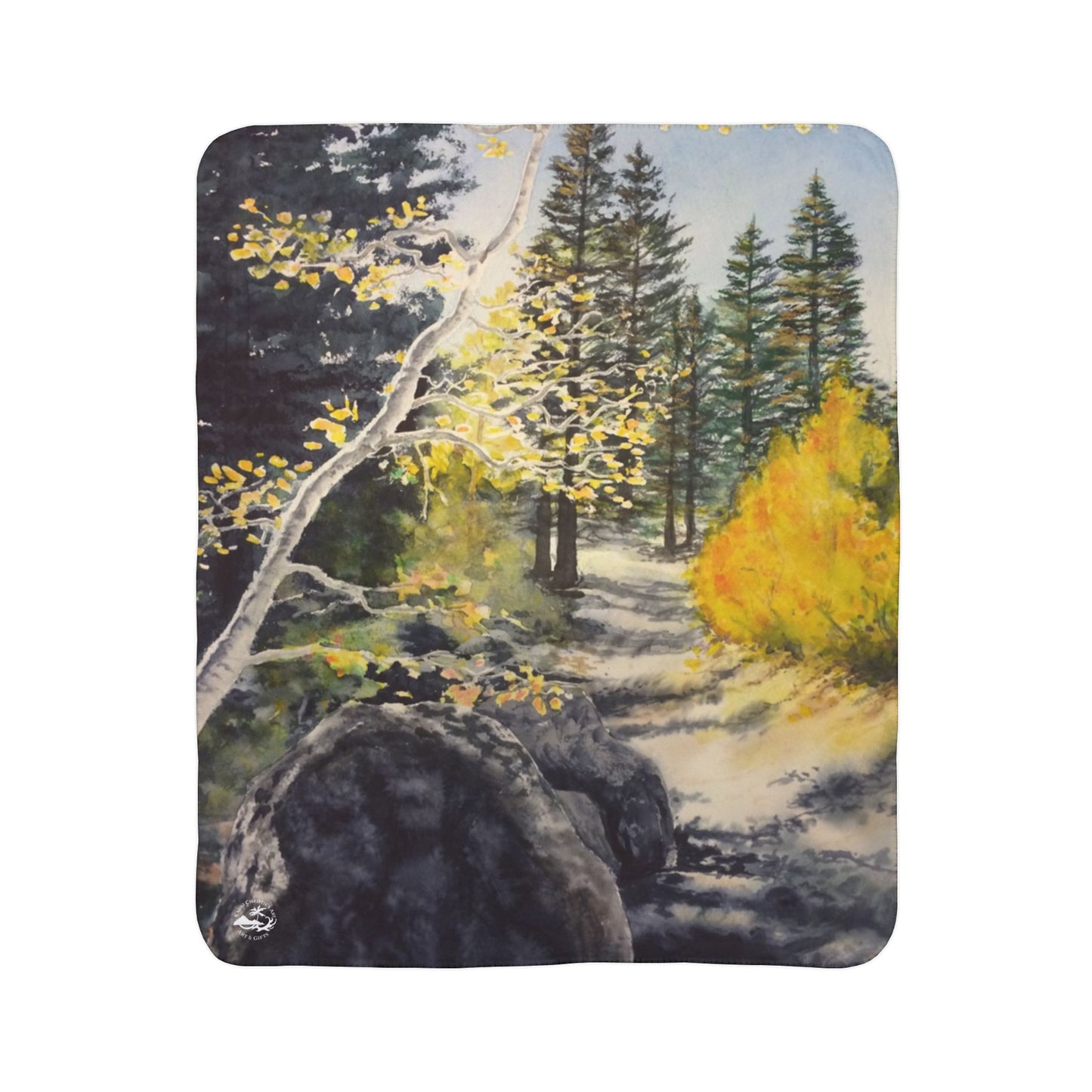 Sherpa Blanket —Watercolor art print -Fall Leaves hiking trail- Autumn Aspen Forest Fleece Throw