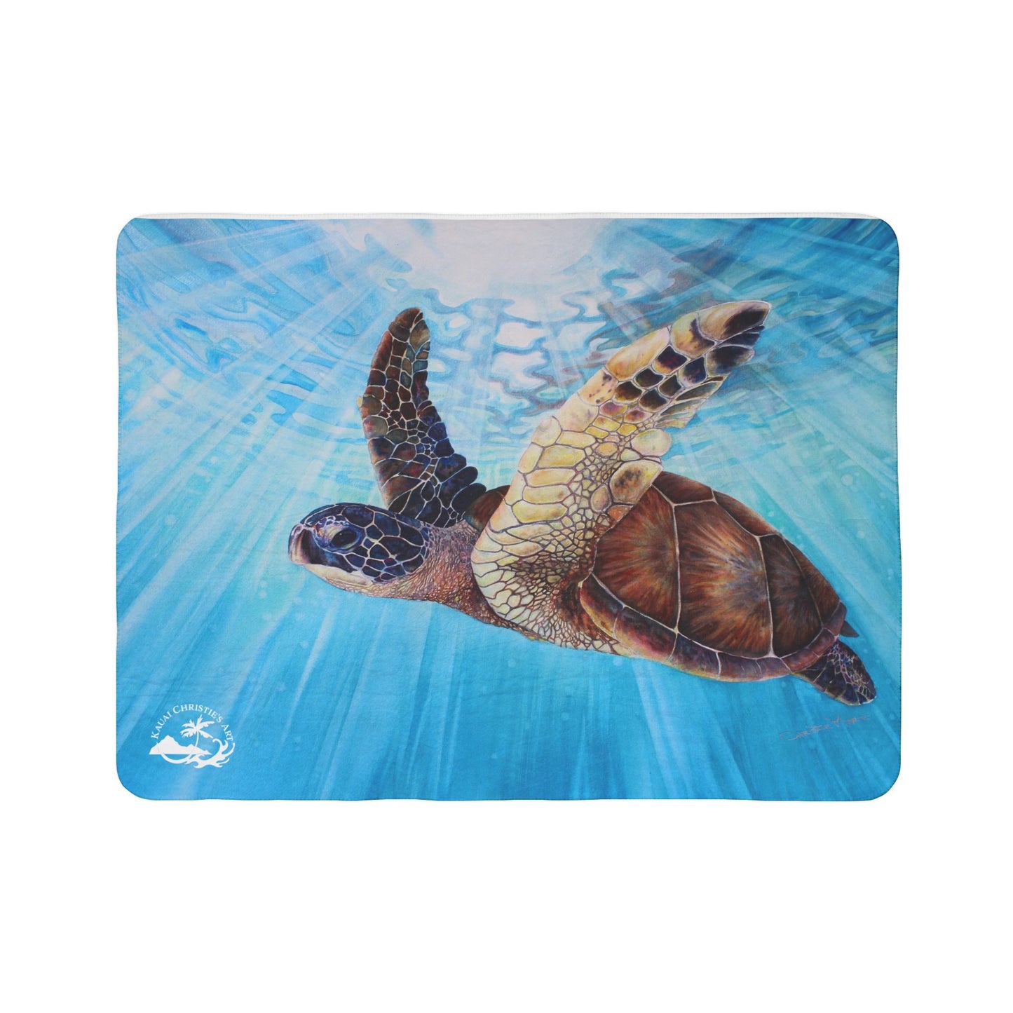 Sea Turtle Watercolor Art print Fleece Sherpa Blanket –"Aloha Spirit" Ocean Blue Coastal Throw