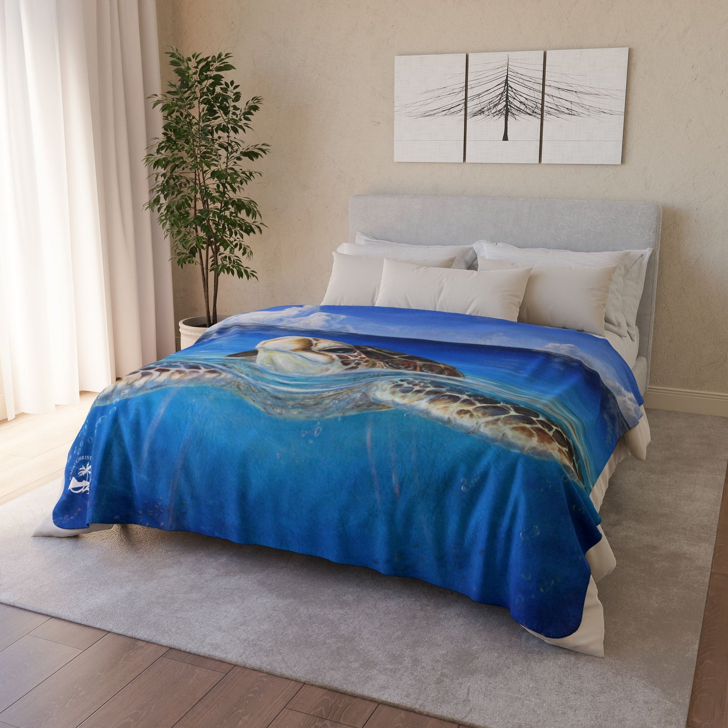 Sea Turtle Ocean Blue Sherpa Blanket — Cozy Coastal Fleece Throw