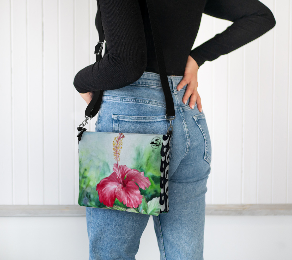 Hibiscus Flower, Hawaiian Flower Watercolor Art Print Zipper Purse with Long Strap - Artsy Accessory bag