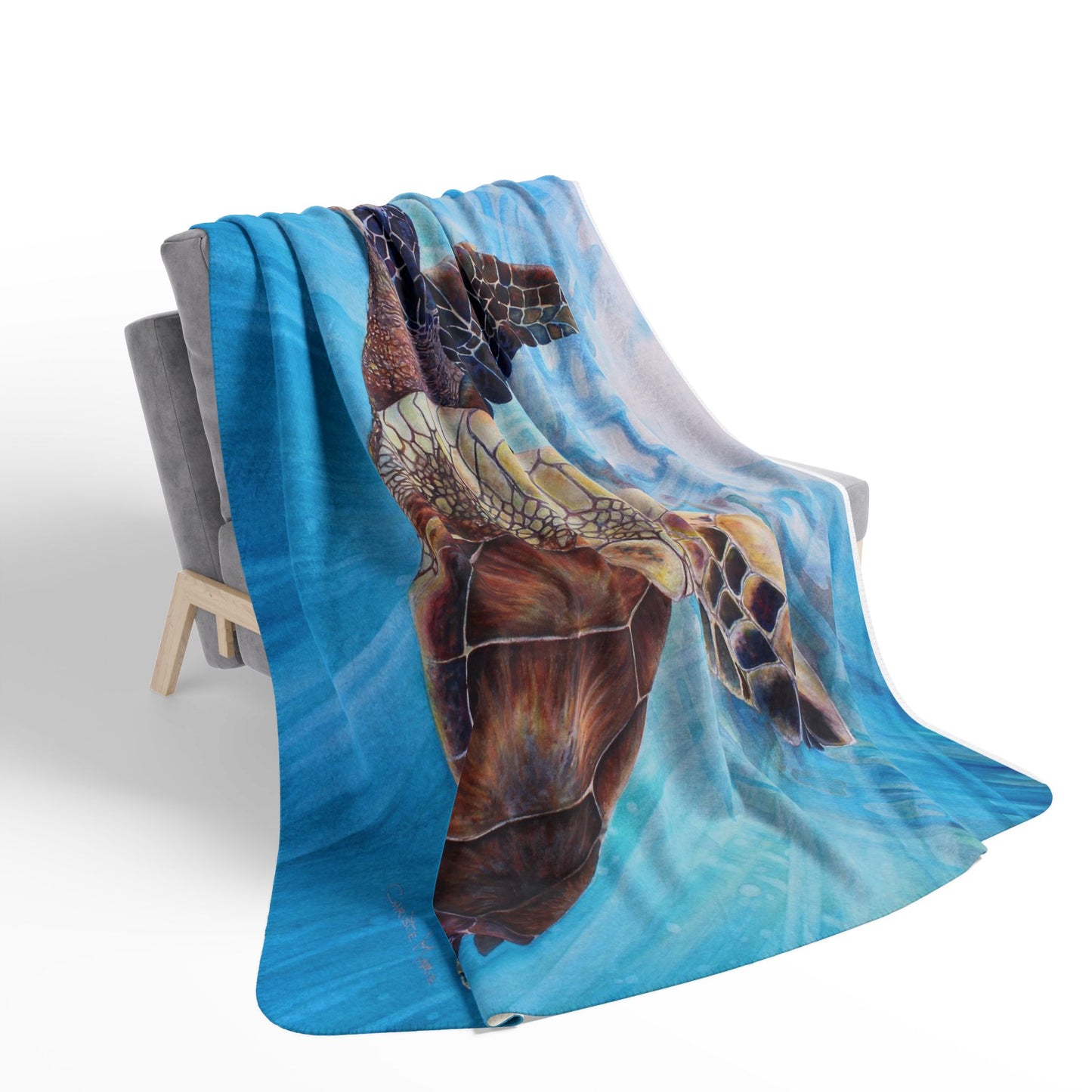 Sea Turtle Watercolor Art print Fleece Sherpa Blanket –"Aloha Spirit" Ocean Blue Coastal Throw