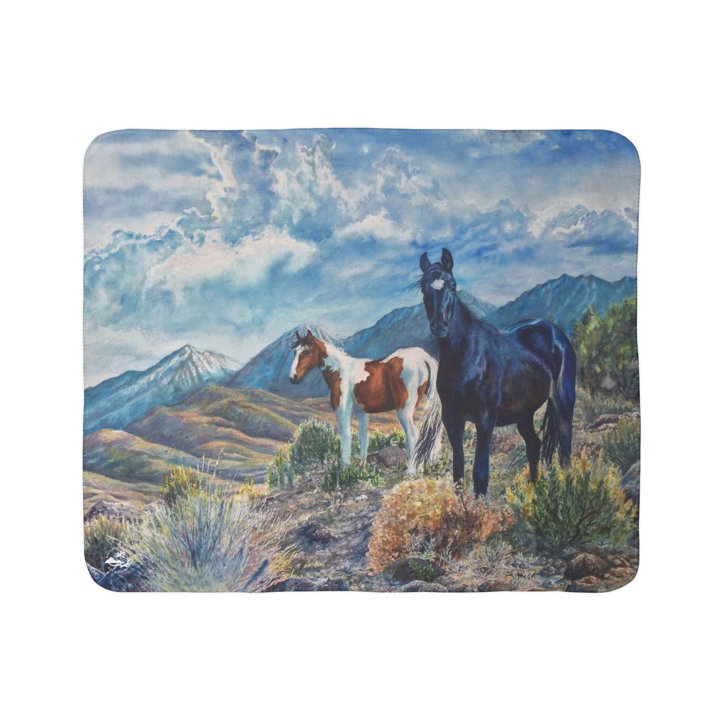 Wild Mustang Horse Sierra Nevada Mountains Sherpa Blanket - Watercolor Wild Horses Throw