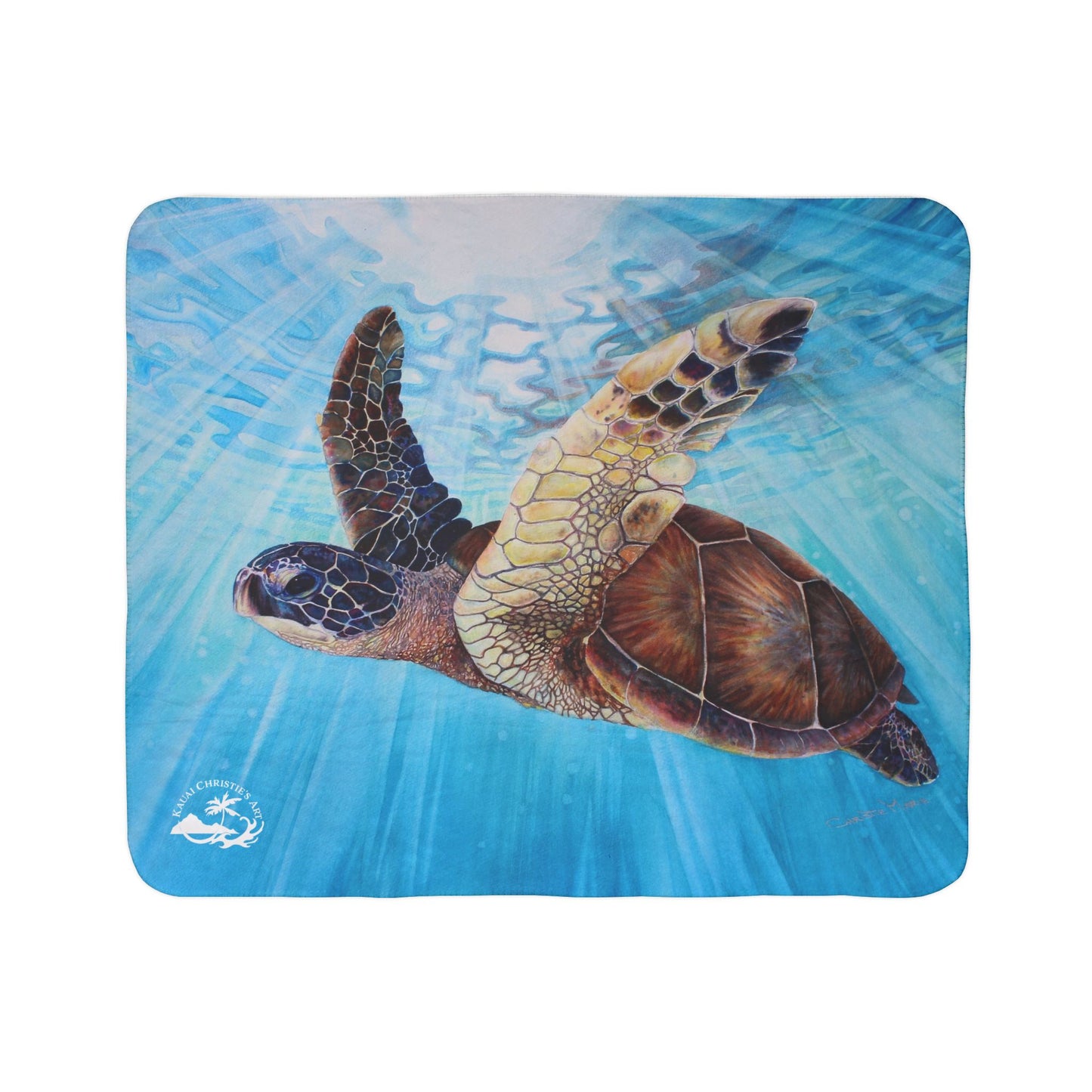 Sea Turtle Watercolor Art print Fleece Sherpa Blanket –"Aloha Spirit" Ocean Blue Coastal Throw