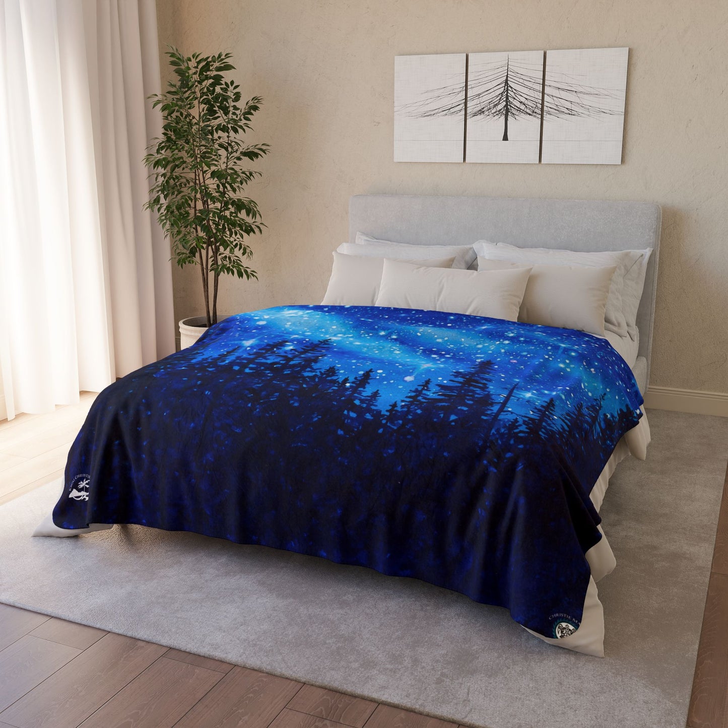 Star Lite Forest Starry Night sky watercolor art Fleece Sherpa Blanket