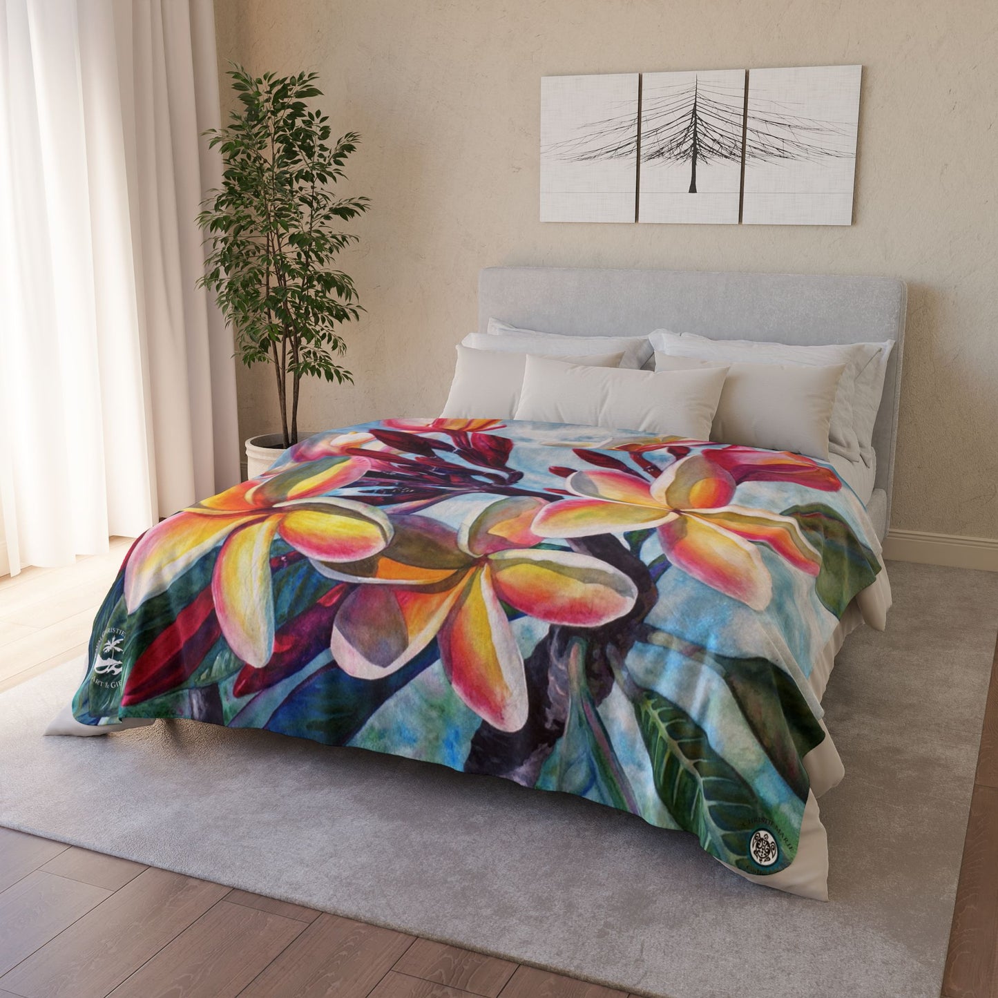 Plumeria Flowers Floral Sherpa Blanket — Tropical Fleece Throw for Colorful Cozy Home & Beach Gifts