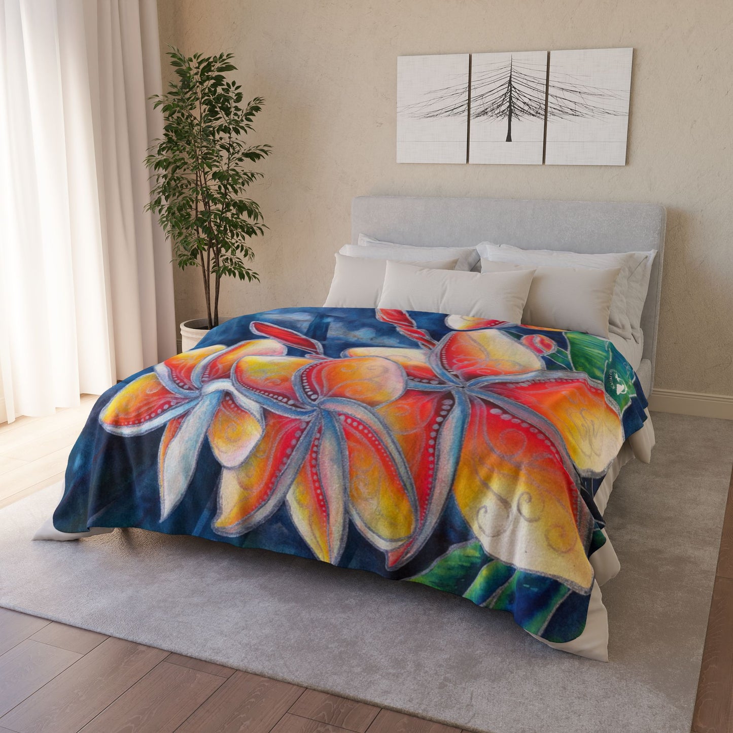 Tropical Plumeria Sherpa Blanket — Vibrant Floral Fleece Throw