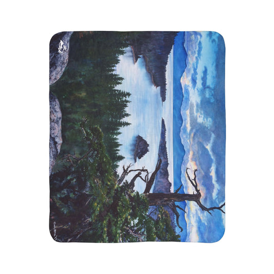 Sherpa Blanket — Mountain Lake Tahoe, Emerald Bay Watercolor Landscape Fleece Throw