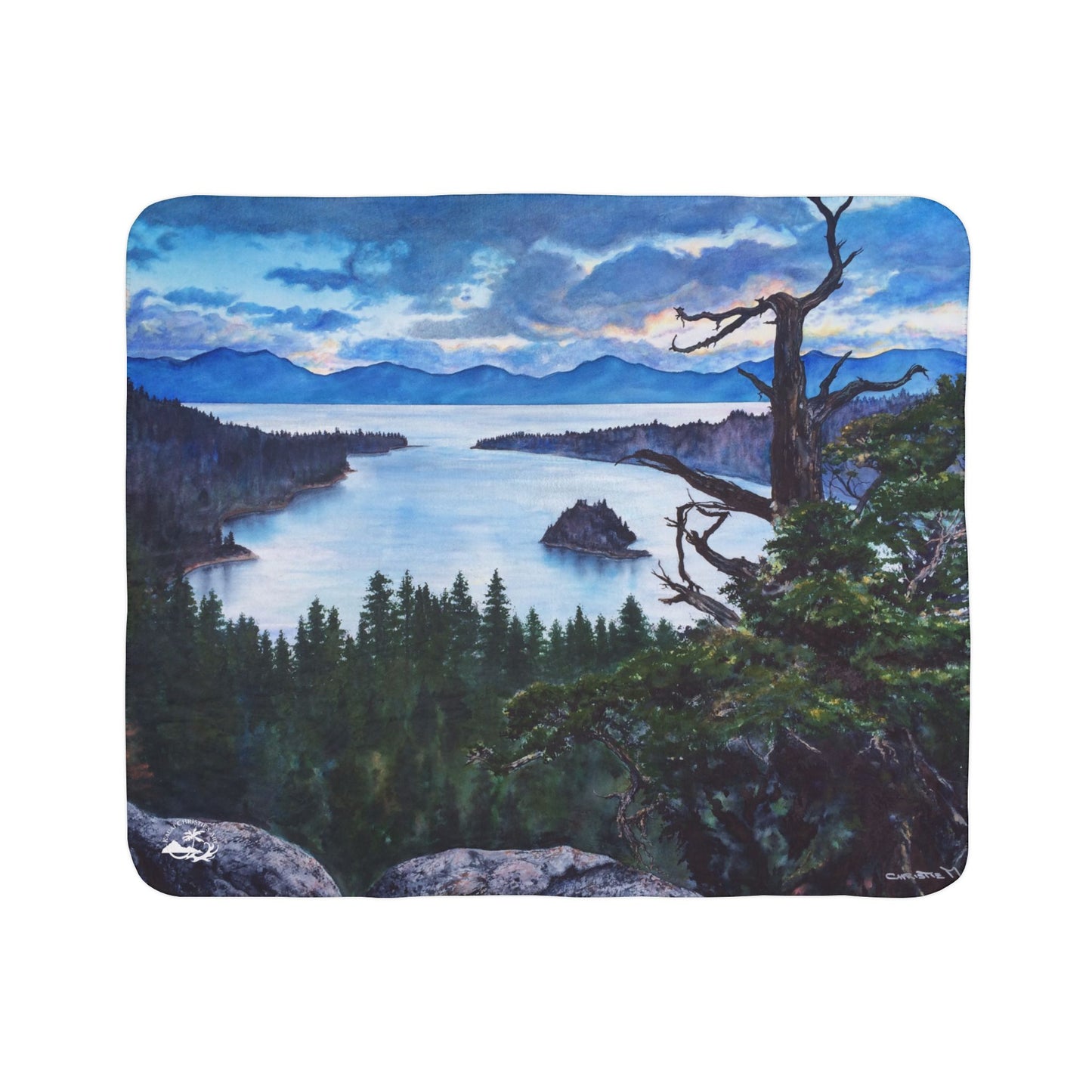 Sherpa Blanket — Mountain Lake Tahoe, Emerald Bay Watercolor Landscape Fleece Throw