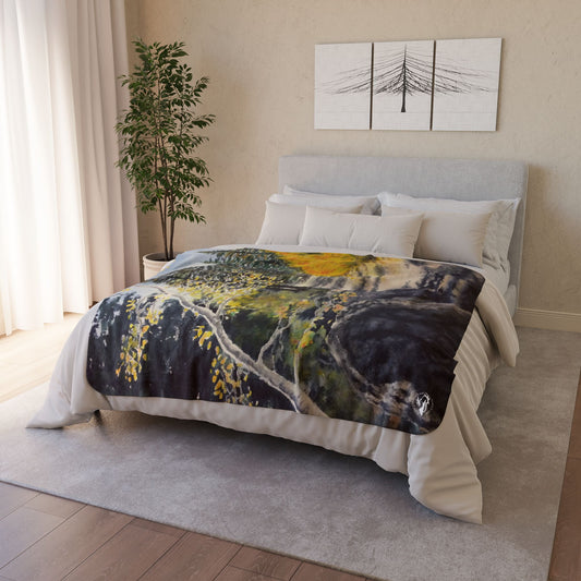 Sherpa Blanket —Watercolor art print -Fall Leaves hiking trail- Autumn Aspen Forest Fleece Throw