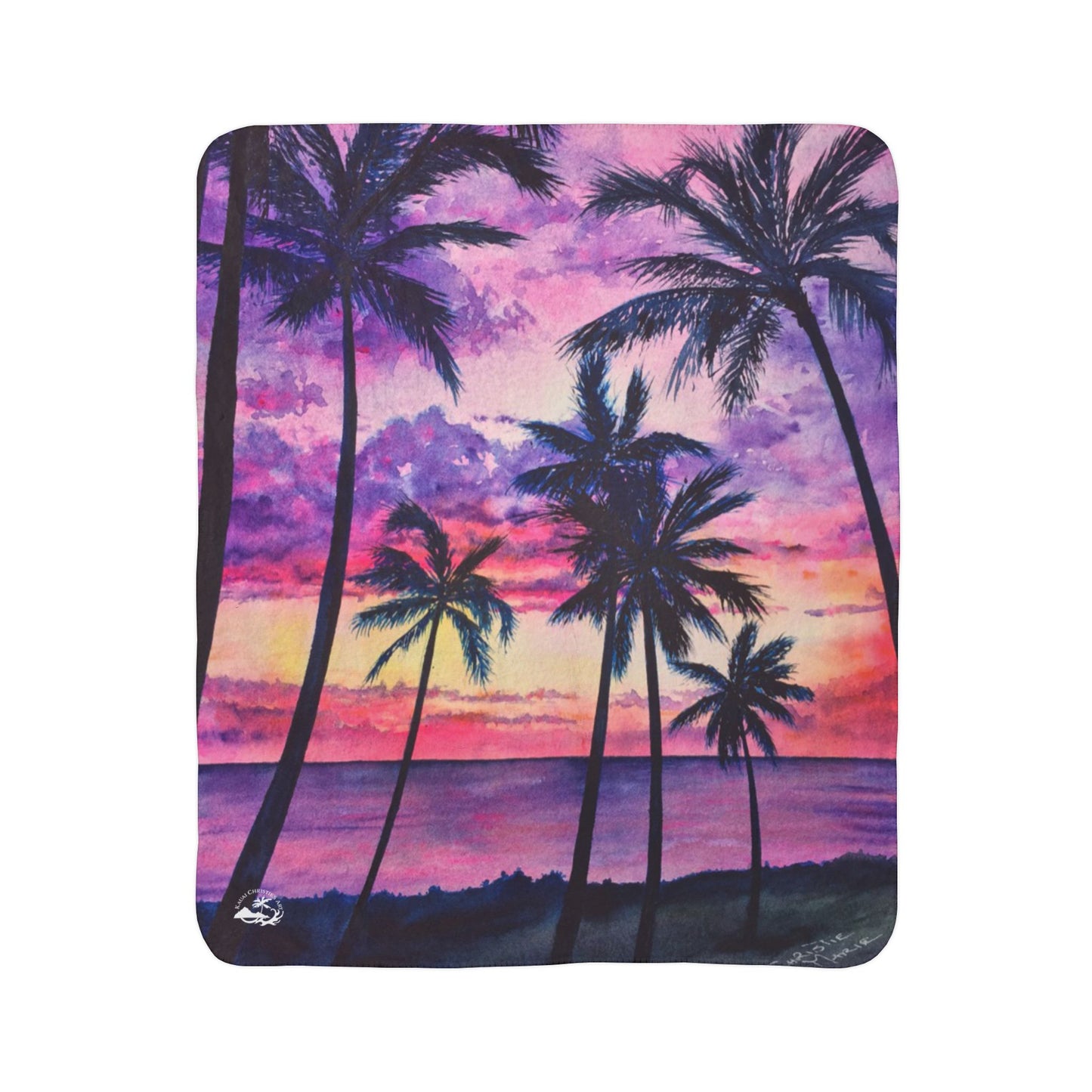 Pink Palms Tropical Sunset Fleece Sherpa Blanket — Palm Trees Purple Pink Beach Throw