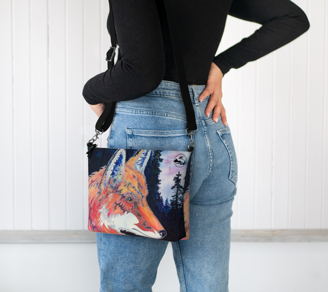 Spirit Fox Art Print Zipper Purse with Long Strap - Artsy Accessory bag