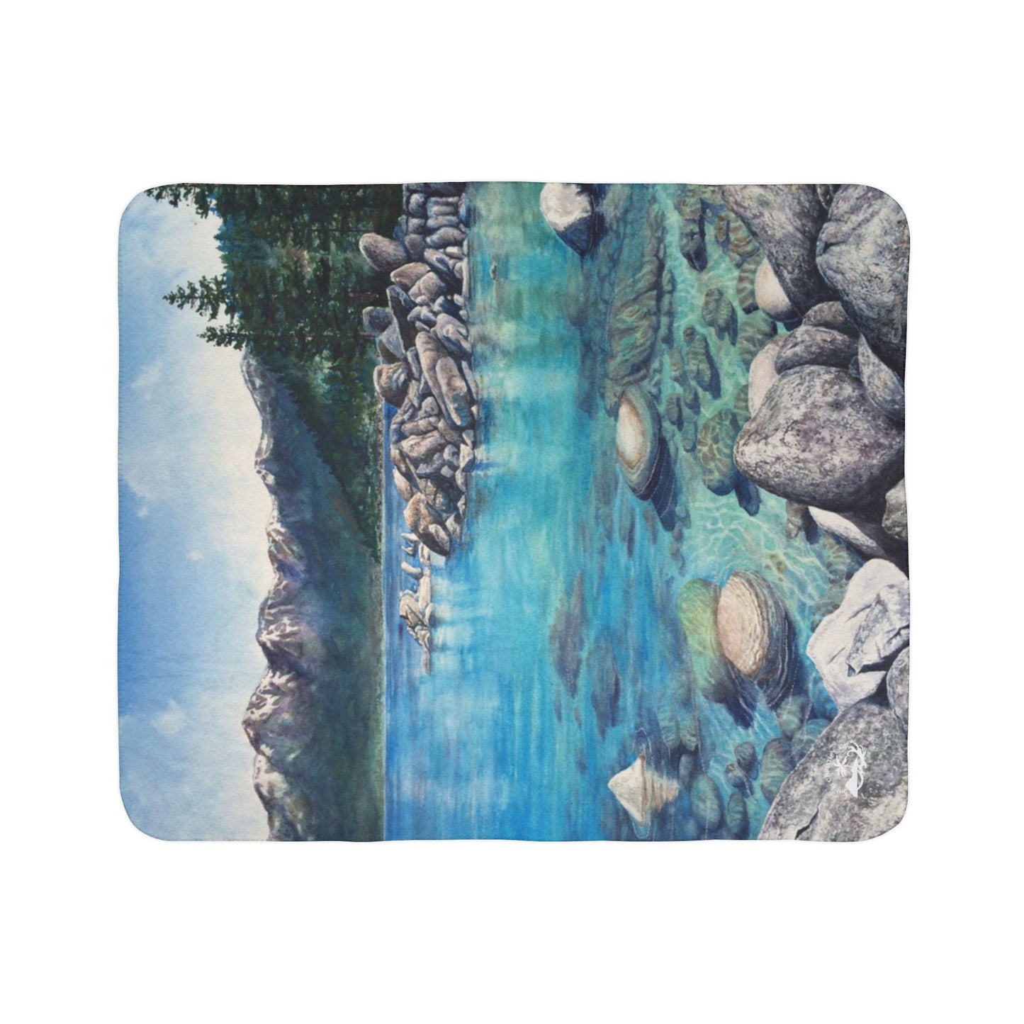 Scenic Mountain Lake Tahoe, Sand Harbor Watercolor Art Fleece Sherpa Blanket — Tranquil Nature Throw