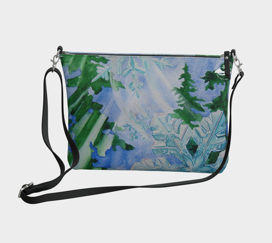 Snowflake Forest Watercolor Art Print Zipper Purse with Long Strap - Artsy Accessory bag