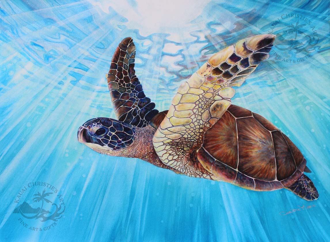 Original Hawaiian Sea Turtle Art Watercolor Painting gemstone paints Aloha Ocean water Nature Fine Art Artist Christie Marie E Russell ©