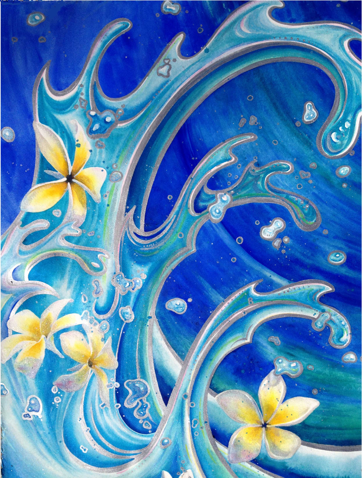 Blue Hawaii original mixed-media artwork from Christie Marie Elder’s Silver Lining Series, featuring Japanese-inspired waves and tropical plumeria.