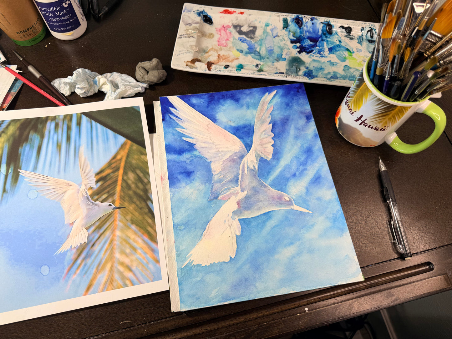 Original Koa Wood Framed Watercolor - No Ka Mana'olana - Manu-o-Kū or White Tern a native Hawaiian Seabird