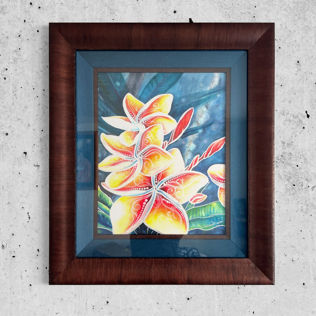 Mana shown in its included professional frame, with the 20 × 16 inch original presented in a substantial wood frame with blue inner liner.