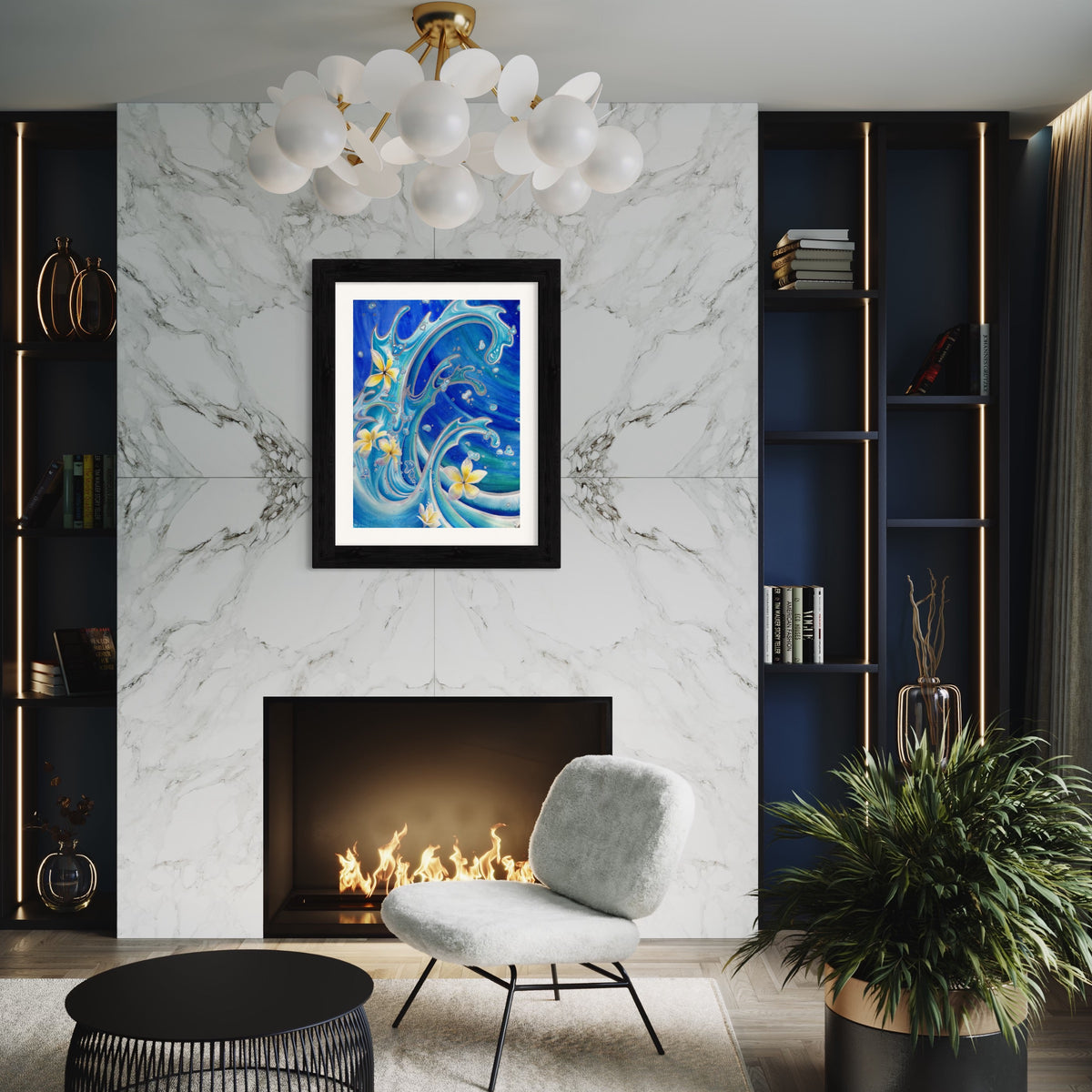 Blue Hawaii shown in an elegant interior visualization above a marble fireplace; artwork is sold unframed.