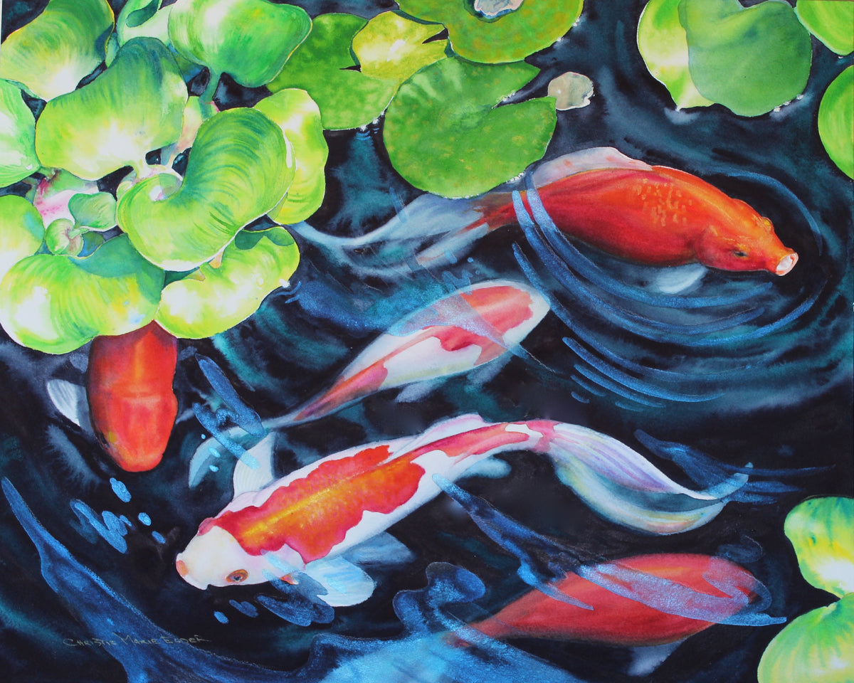 Coy Koi original watercolor painting by Christie Marie Elder, featuring vibrant koi, dark blue pond water, and luminous lily pads with gemstone pigments.