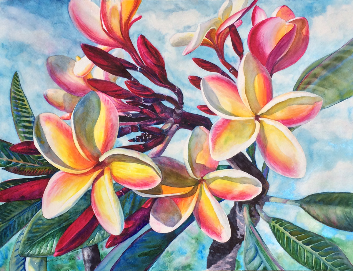 Laʻa Kea o Kekaha original plumeria watercolor by Christie Marie Elder featuring luminous pink yellow and cream tropical flowers