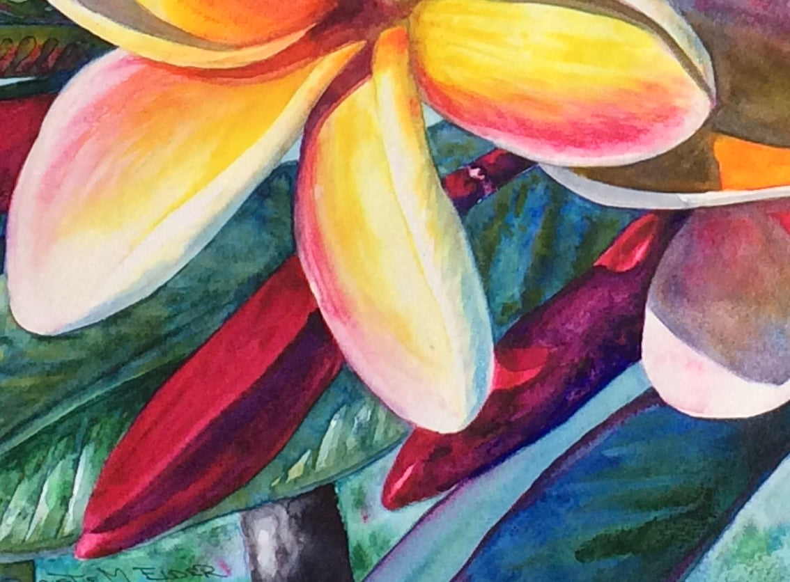 Detail of crimson plumeria buds and tropical foliage in Laʻa Kea o Kekaha by Christie Marie Elder
