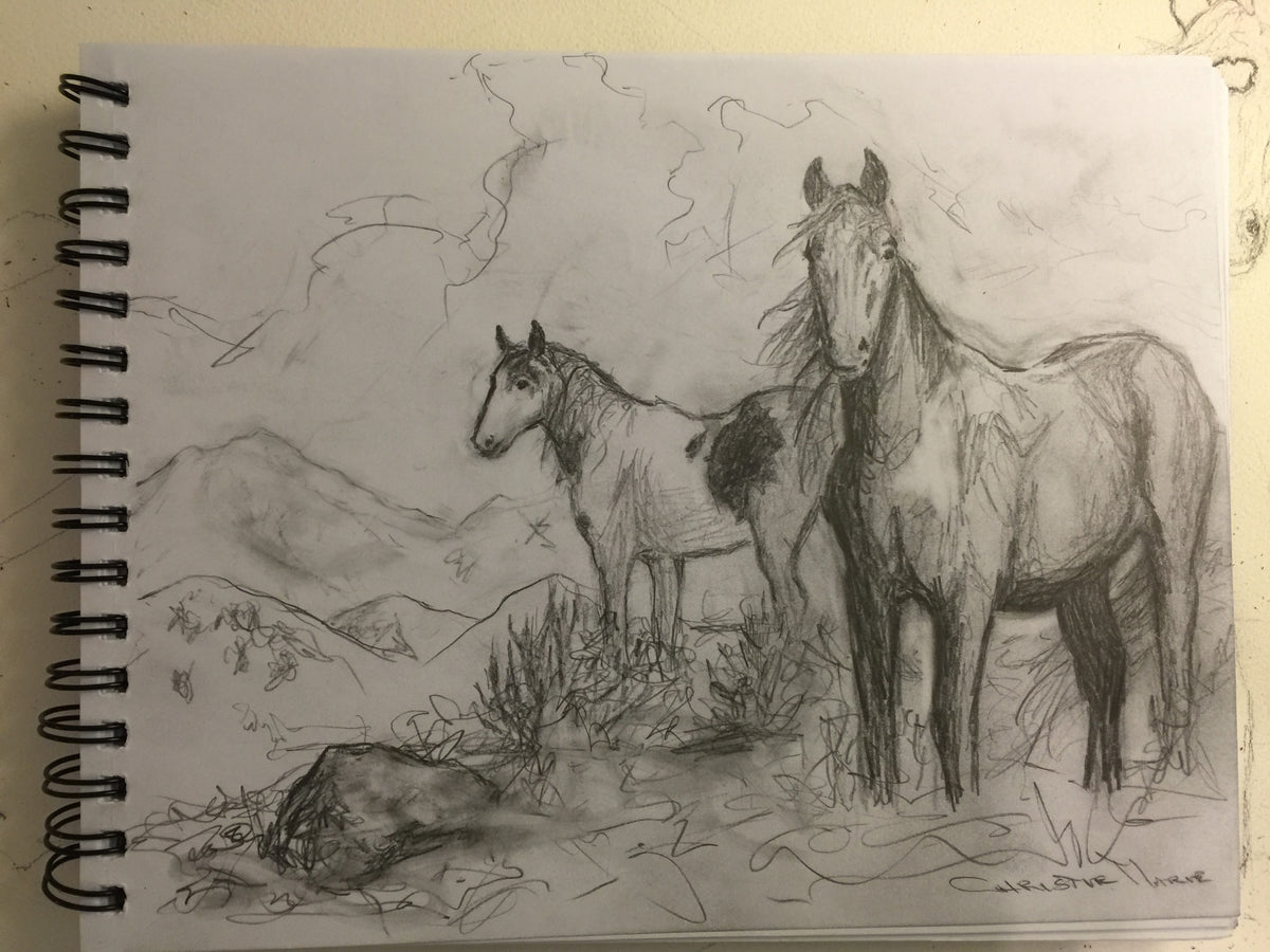 Original pencil composition sketch for Mustangs Wild by Christie Marie Elder