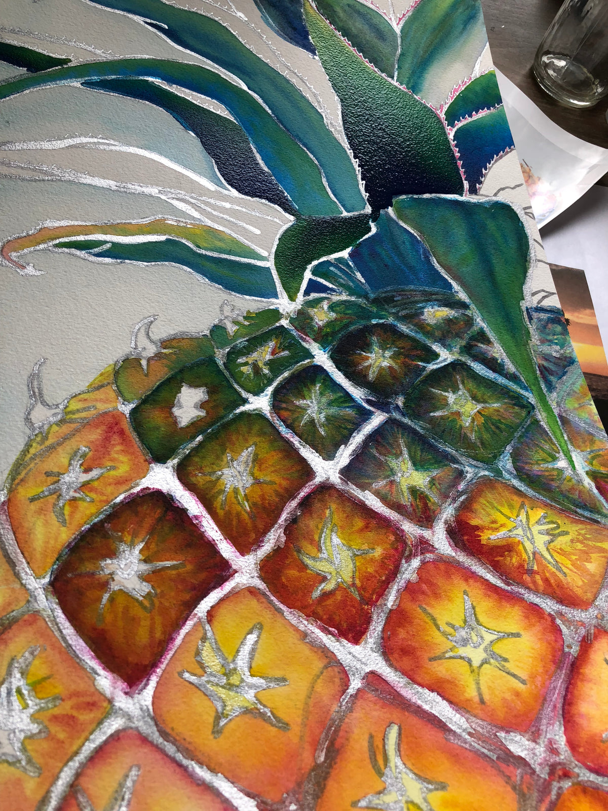 Sweet Welcome original watercolor in progress showing hand-painted pineapple and metallic silver detailing