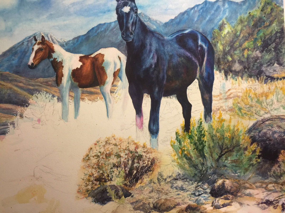 Mustangs Wild watercolor in progress with horses sky and Sierra Nevada landscape developing through layers